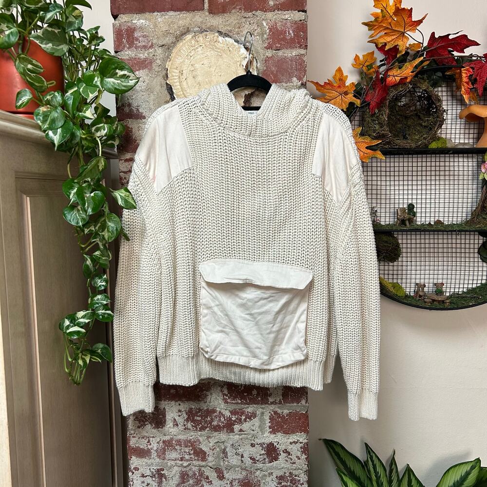 Cream Knit Canvas Cargo Hoodie Sweater Medium